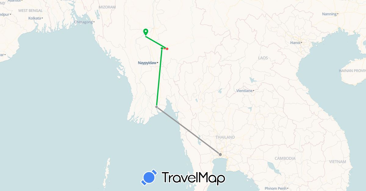 TravelMap itinerary: driving, bus, plane, hiking in Myanmar (Burma), Thailand (Asia)